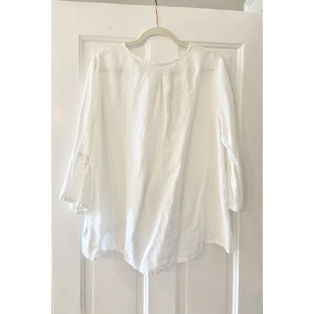 Bryn Walker Fran Linen Round Neck Ruffle Shirt White Sz M Relaxed Fit Boho Beach - Picture 4 of 9